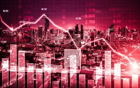 Declined economic, graph falling down overlaps modernistic city. Stock Photos