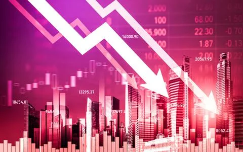 Declined economic, graph falling down overlaps modernistic city. Stock Photos