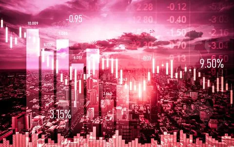 Declined economic, graph falling down overlaps modernistic city. 写真素材