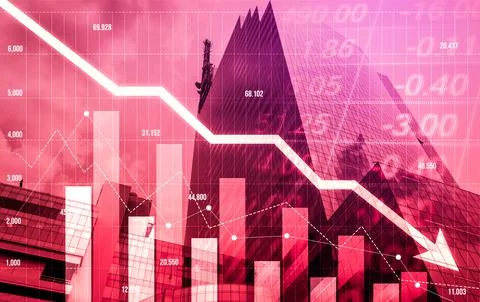 Declined economic, graph falling down overlaps modernistic city. Stock Photos