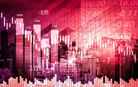 Declined economic, graph falling down overlaps modernistic city. Stock Photos