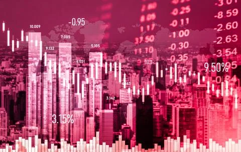 Declined economic, graph falling down overlaps modernistic city. Stock Photos