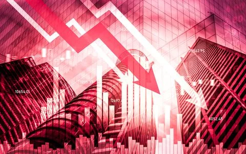 Declined economic, graph falling down overlaps modernistic city. Stock Photos