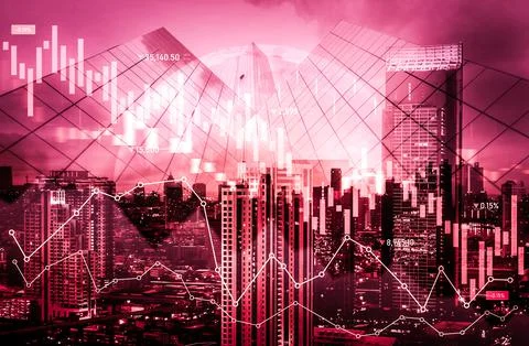 Declined economic, graph falling down overlaps modernistic city. Stock Photos