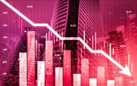 Declined economic, graph falling down overlaps modernistic city. Stock Photos