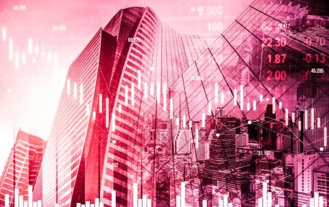 Declined economic, graph falling down overlaps modernistic city. Stock Photos