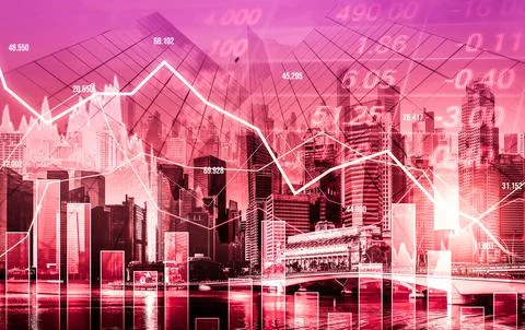 Declined economic, graph falling down overlaps modernistic city. 写真素材