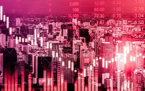 Declined economic, graph falling down overlaps modernistic city. Stock Photos