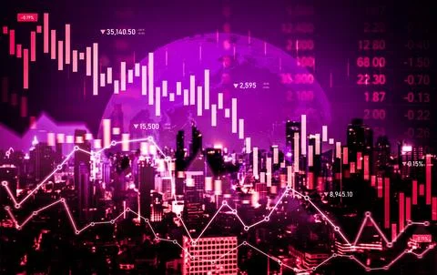 Declined economic, graph falling down overlaps modernistic city. Stock Photos