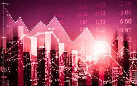 Declined economic, graph falling down overlaps modernistic city. Stock Photos