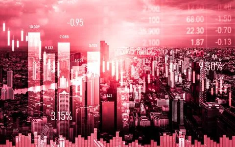 Declined economic, graph falling down overlaps modernistic city. 写真素材