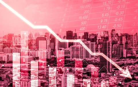 Declined economic, graph falling down overlaps modernistic city. Stock Photos