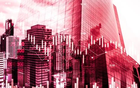 Declined economic, graph falling down overlaps modernistic city. 写真素材