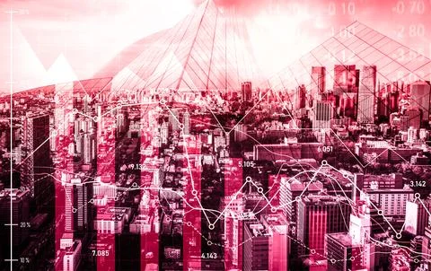 Declined economic, graph falling down overlaps modernistic city. Stock Photos