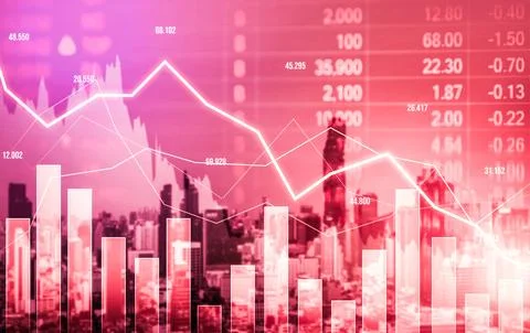 Declined economic, graph falling down overlaps modernistic city. 写真素材