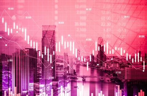 Declined economic, graph falling down overlaps modernistic city. 写真素材