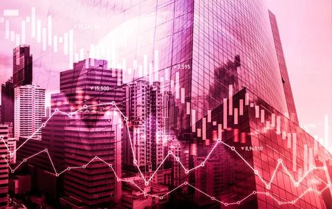 Declined economic, graph falling down overlaps modernistic city. Stock Photos