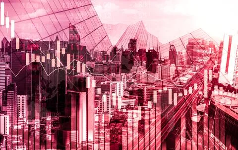 Declined economic, graph falling down overlaps modernistic city. Stock Photos