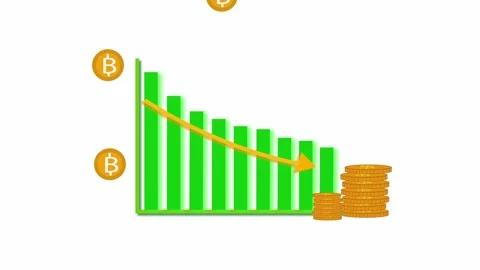 Declining Bar Chart With Bitcoin Symbols And Falling Orange Arrow On White .. Stock Footage 321450298