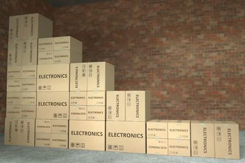 Declining bar chart made with boxes with electronics. Conceptual 3D rendering Stock Illustration