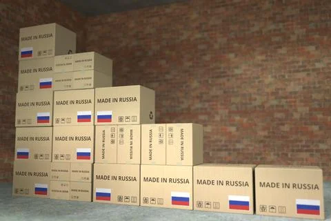 Declining bar chart made with boxes with made in Russia text. Conceptual 3D 库存插图