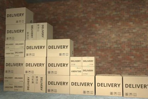 Declining bar chart made with boxes with delivery. Conceptual 3D rendering 库存插图