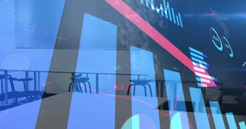 Declining bar graph and red arrow animation over empty office chairs and desks Stock Footage 305133905