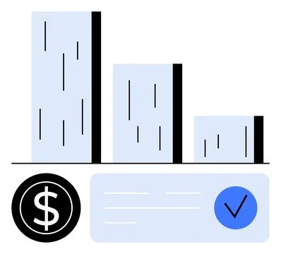 Declining bar graph, currency symbol, checkmark circle, and a horizontal line Stock Illustration
