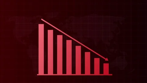 Declining bar graph with a downward-sloping arrow, representing a decrease or re Stockbeeldmateriaal 312943639