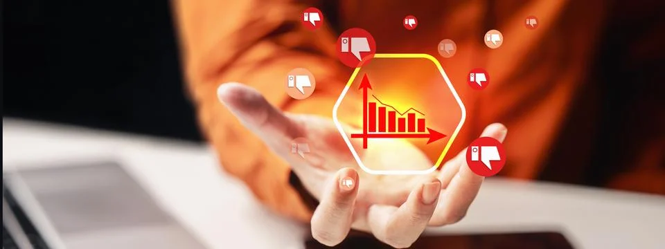 Declining chart with thumbs down icons, symbolizing negative feedback or pe.. 스톡 사진