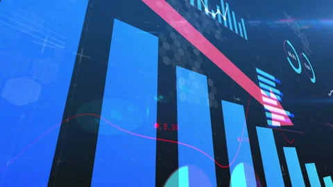 Declining financial graph animation over blue bar chart and data points Stock Footage 306564357