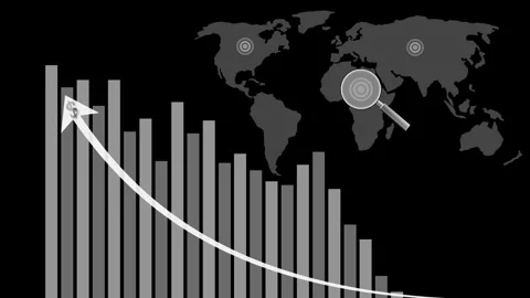 Declining global bar chart with magnifier animation, world map with magnify.. Stock Footage 329384310