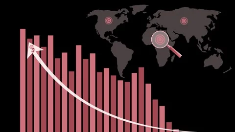 Declining global bar chart with magnifier animation, world map with magnify.. Stock Footage 329384315