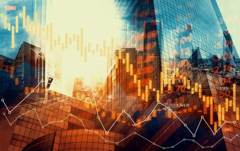 Declining graphs and digital indicators overlap modernistic city background. 库存照片