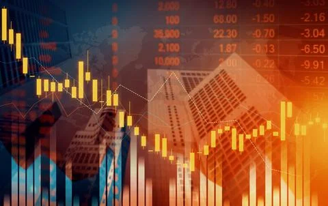 Declining graphs and digital indicators overlap modernistic city background. 库存照片