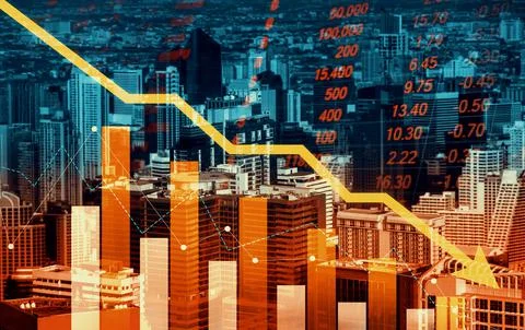 Declining graphs and digital indicators overlap modernistic city background. 库存照片