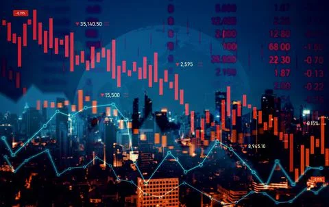 Declining graphs and digital indicators overlap modernistic city background. Stock Photos