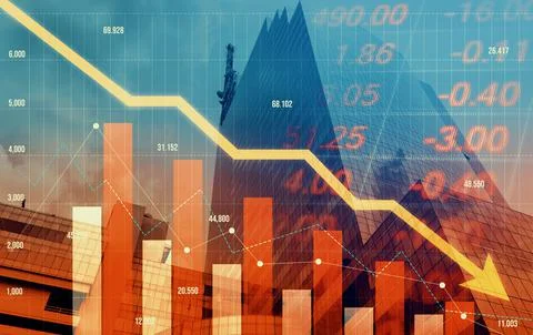 Declining graphs and digital indicators overlap modernistic city background. Foto stock