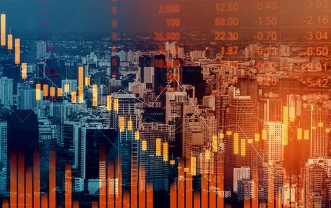 Declining graphs and digital indicators overlap modernistic city background. Stock Photos