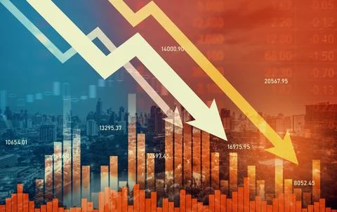 Declining graphs and digital indicators overlap modernistic city background. Foto stock