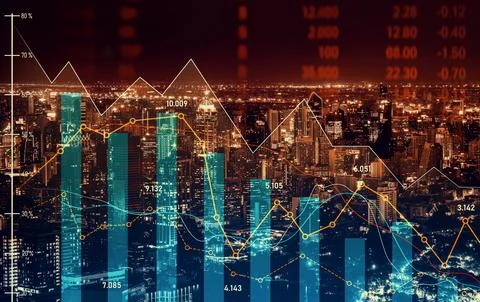 Declining graphs and digital indicators overlap modernistic city background. 库存照片