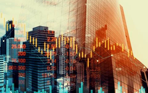 Declining graphs and digital indicators overlap modernistic city background. Stock Photos