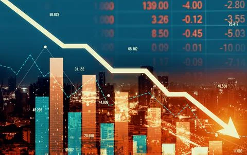 Declining graphs and digital indicators overlap modernistic city background. 库存照片