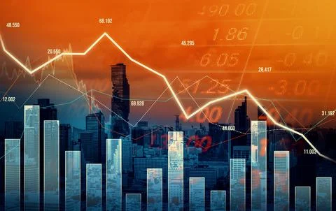 Declining graphs and digital indicators overlap modernistic city background. Stock Photos