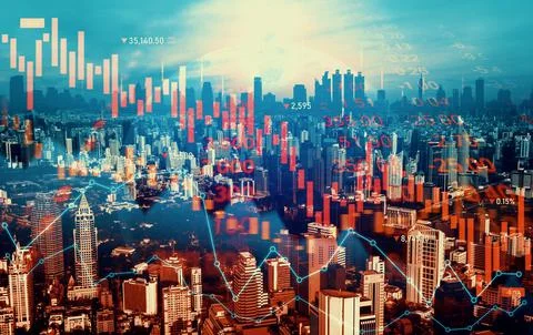 Declining graphs and digital indicators overlap modernistic city background. Stock Photos