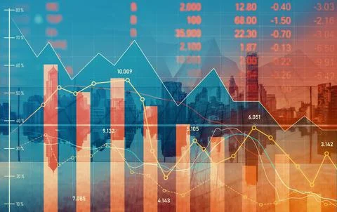 Declining graphs and digital indicators overlap modernistic city background. Stockfoto's