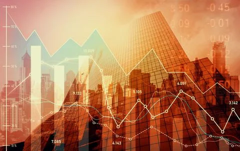 Declining graphs and digital indicators overlap modernistic city background. Stock Photos