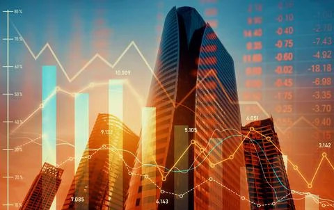 Declining graphs and digital indicators overlap modernistic city background. Stock Photos