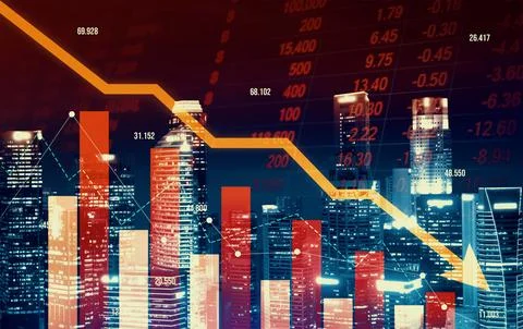 Declining graphs and digital indicators overlap modernistic city background. Foto stock