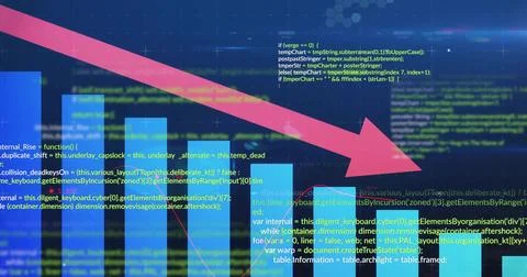Declining magenta arrow slanting across virtual dashboard, crossing turquoise Stock Illustration